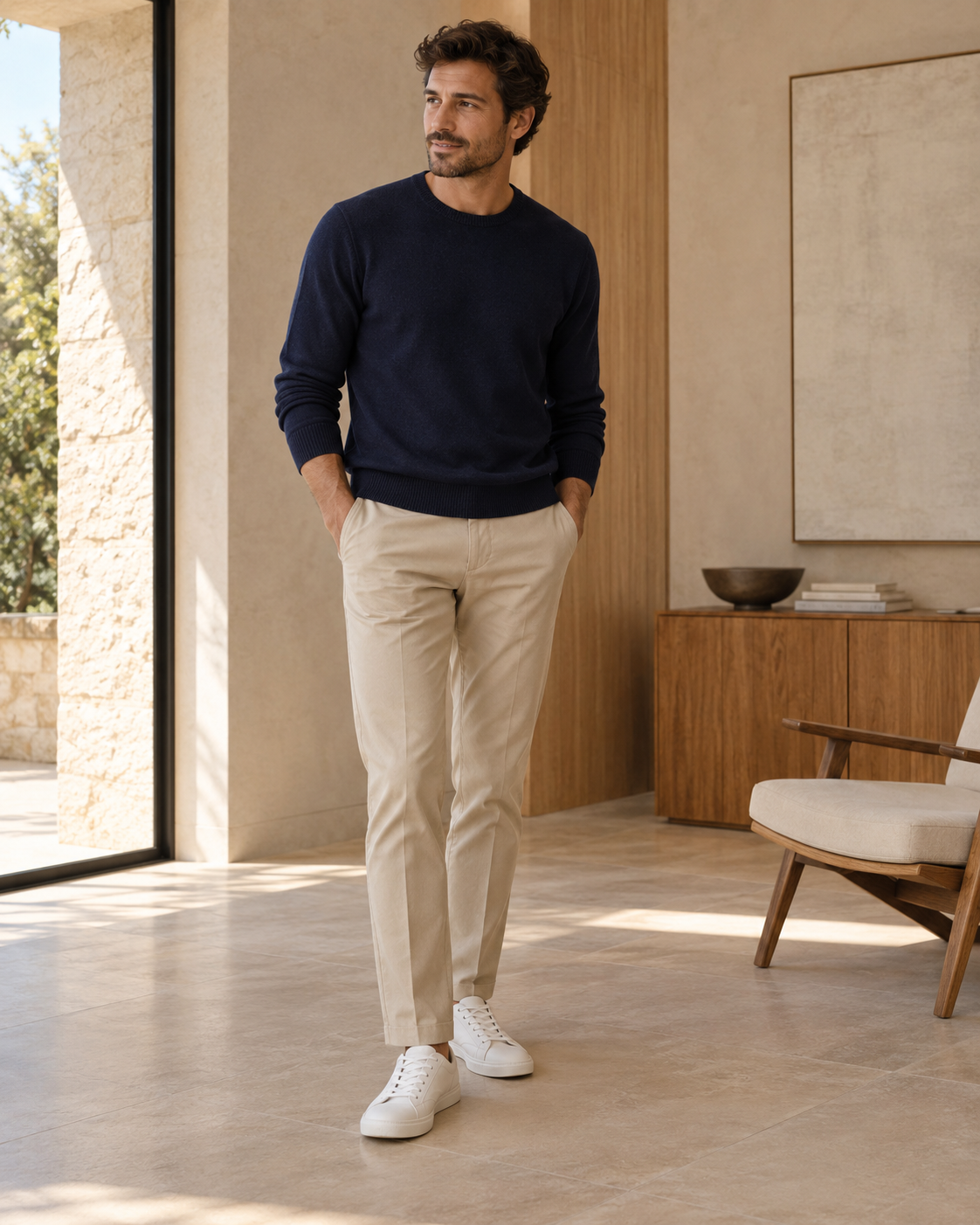 Calça bege com suéter marinho e tênis off-white